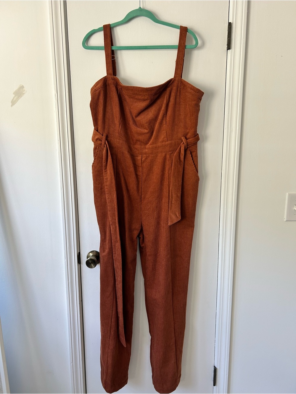Lulu's Burnt Orange Corduroy Tie-Waist Jumpsuit